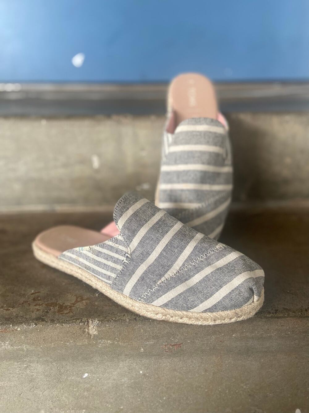 TOMS Nova gray & white stripe canvas espadrille mule